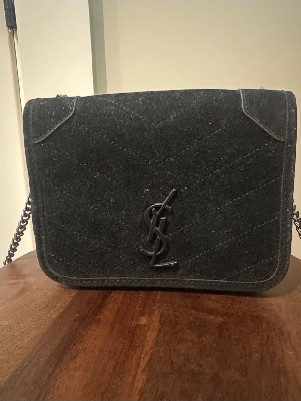 Black Quilted Velvet Crossbody with  Logo